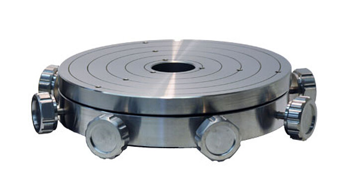 The PIglide MTT series of manual alignment tabletops can manually adjust a payload mounted to a rotary air bearing in four degrees of freedom, allowing alignment of the payload to the bearing’s axis of rotation. Adjustments can be made in two linear orthogonal directions (X and Y) and in two angular directions (tip and tilt).   The tabletop surface is made from durable, wear- resistant stainless-steel. This accessory is ideal for metrology, roundness measurement, and part gauging applications. 