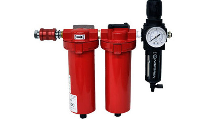 Air supplied for air bearing stages must be clean, dry, and oil-free for long-term reliability and proper component operation. Contaminants in the air can cause a reduction in stiffness and load capacity, an increase in friction, and potential bearing damage. Available in 2 models, PI’s cost effective air preparation kits are a simple way to clean any air supply, with multi-stage filtration, pressure regulation, semi-automatic drains, and an optional pressure switch. 